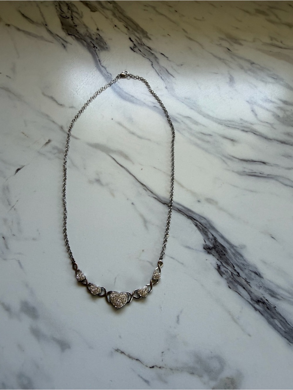 Vintage Silver Tone Rhinestone Heart Necklace ✨ Romantic Y2K